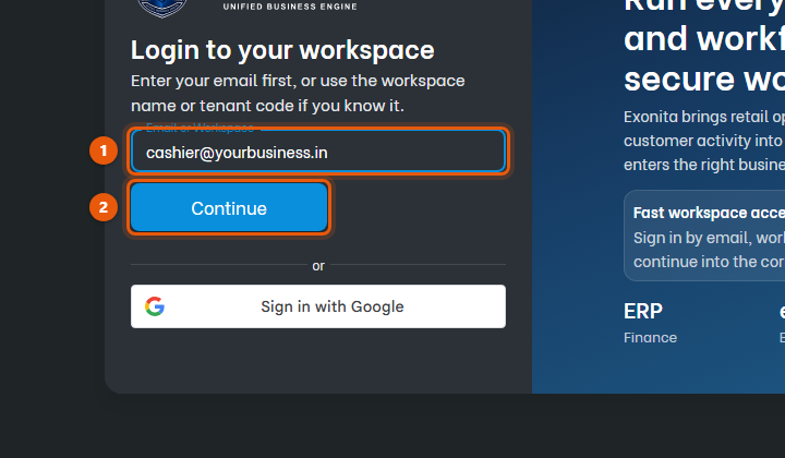 Open the address your administrator gave you. Enter your email in Email or Workspace, then select Continue.