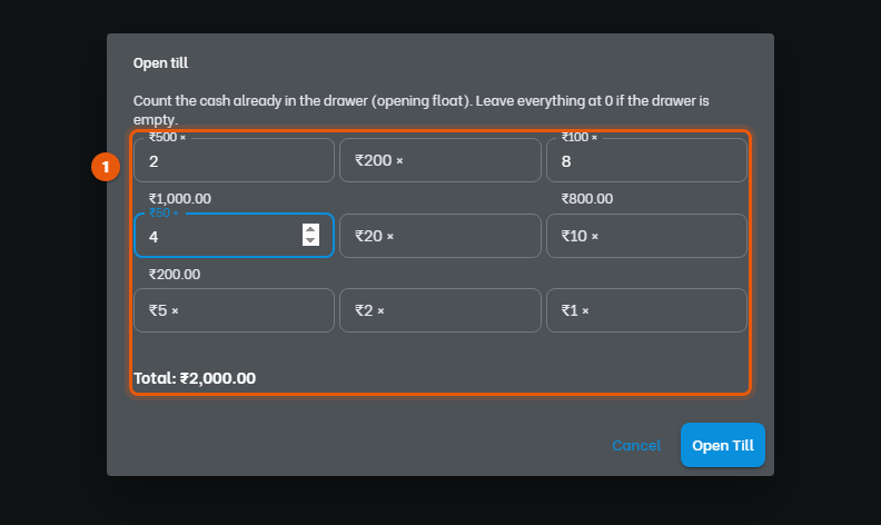 Count the cash in your drawer and enter how many of each note and coin you have. Leave everything at 0 if the drawer is empty.